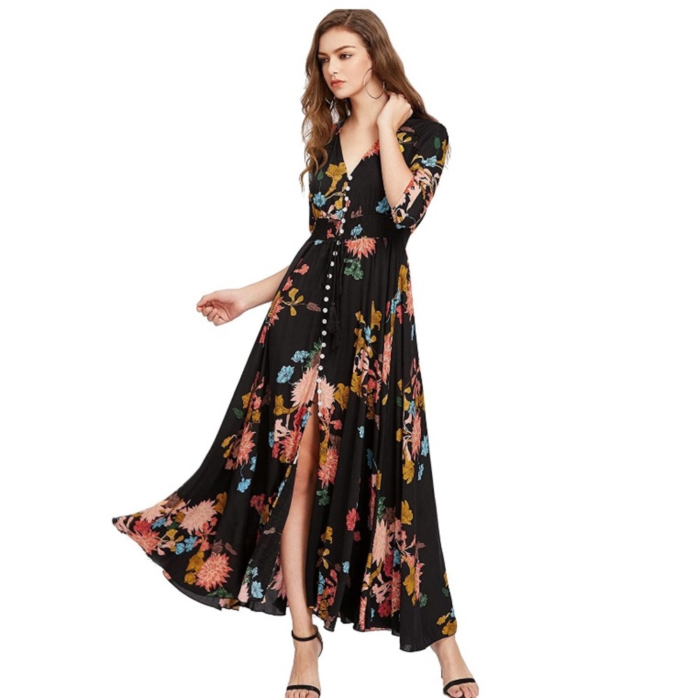 NW Milumia Button Up Split Floral Flowy Maxi Dress